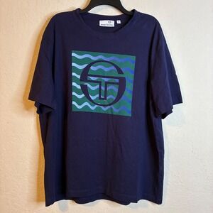 Sergio Tacchini Mens 2XL Navy Blue Graphic Logo Wavy Print Cotton T-Shirt